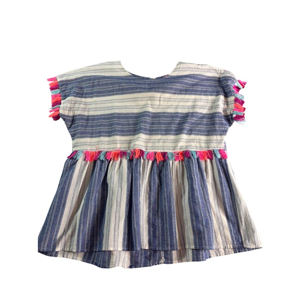 Andree by Unit Striped Tassel Babydoll Top Large Blue White Boho Peplum Cotton